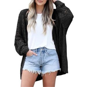 Crochet knit black long sleeve sweater lightweight comfy swimsuit cover NEW